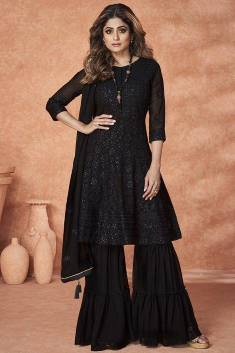 Sharara Suit for Party Wear in Georgette Black with Sequins Work