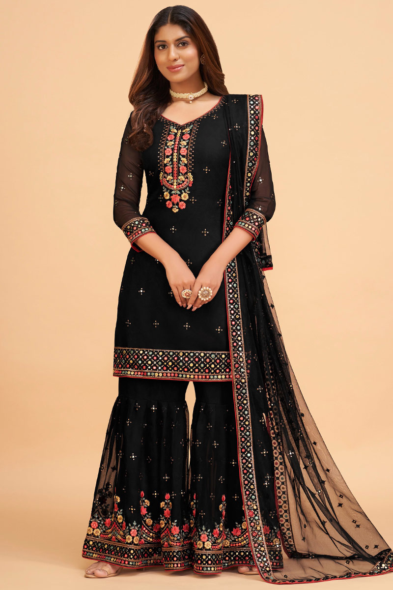 RF - Black color Faux Georgette Sharara Suit.