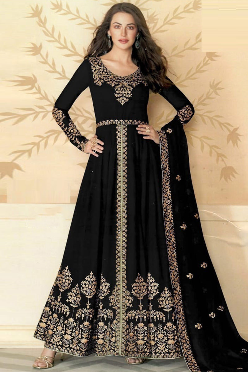 Embroidered Black Color Party Wear Readymade Long Anarkali Style Gown