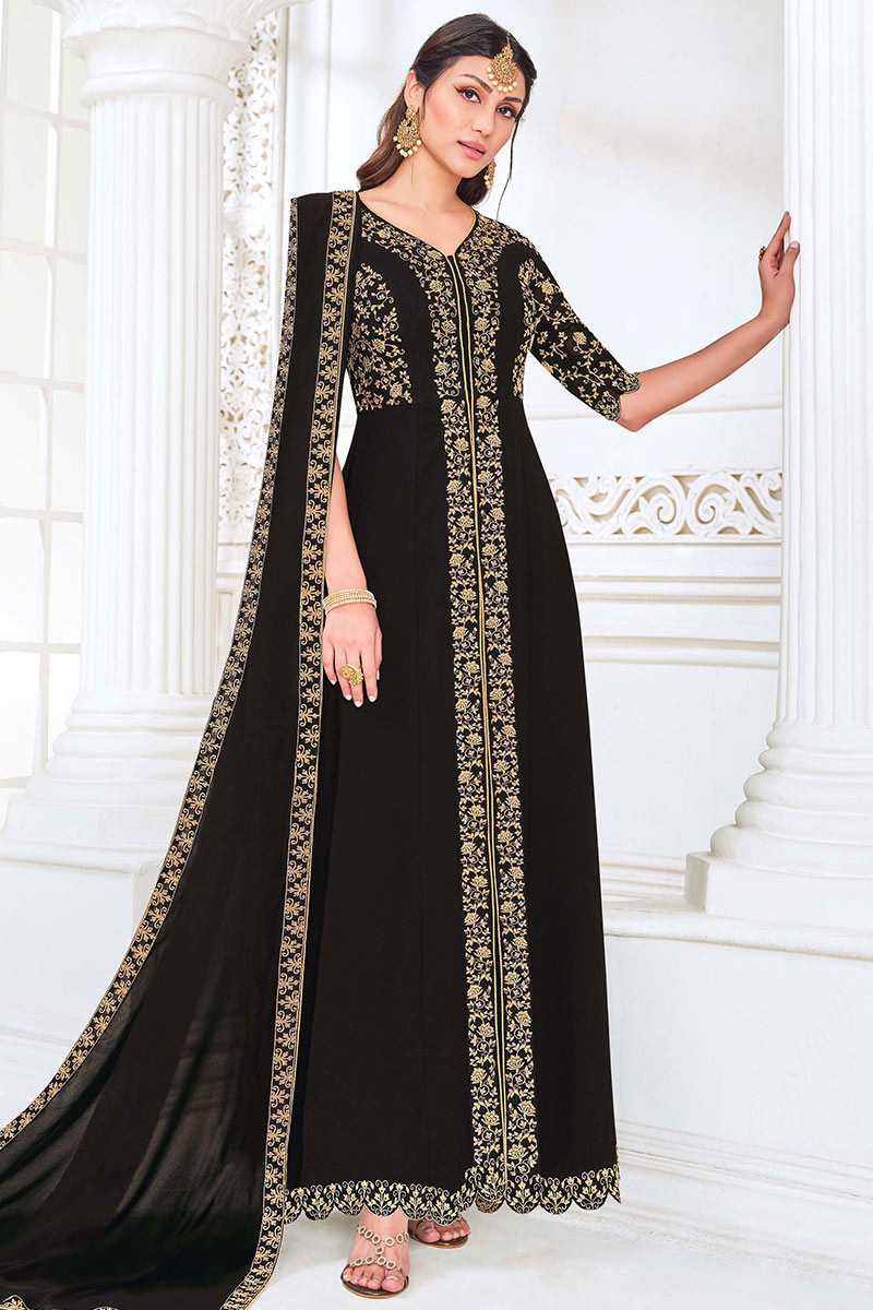 Black Georgette Front Slit Party Wear Anarkali Suit