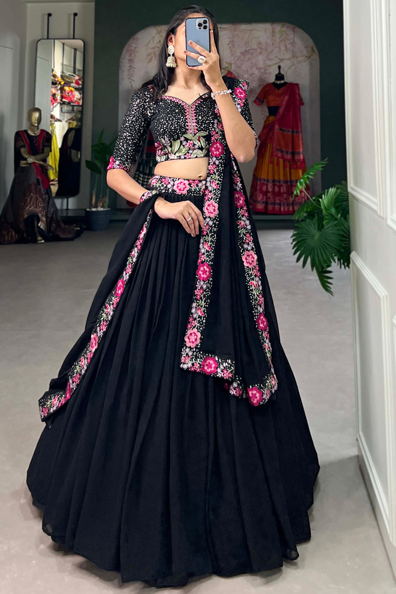 Black Georgette Lehenga With Sequins Work For Diwali