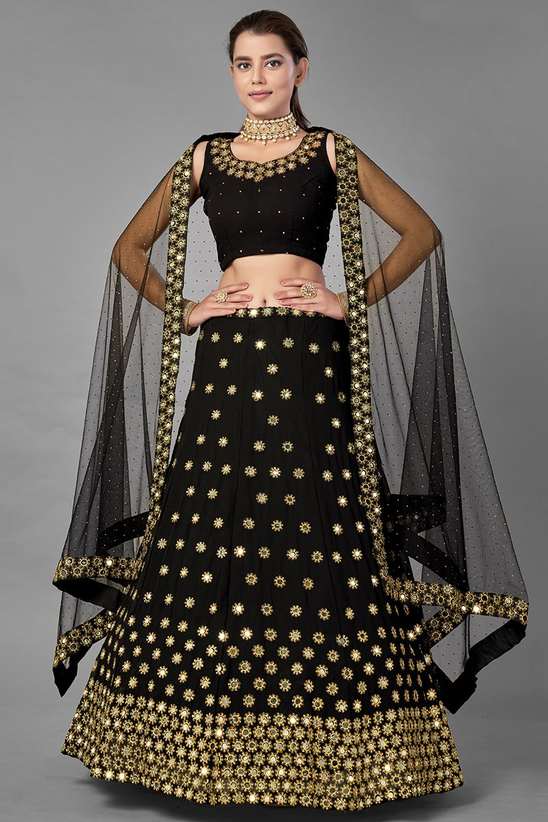 Black Georgette Mirror Embroidered Lehenga