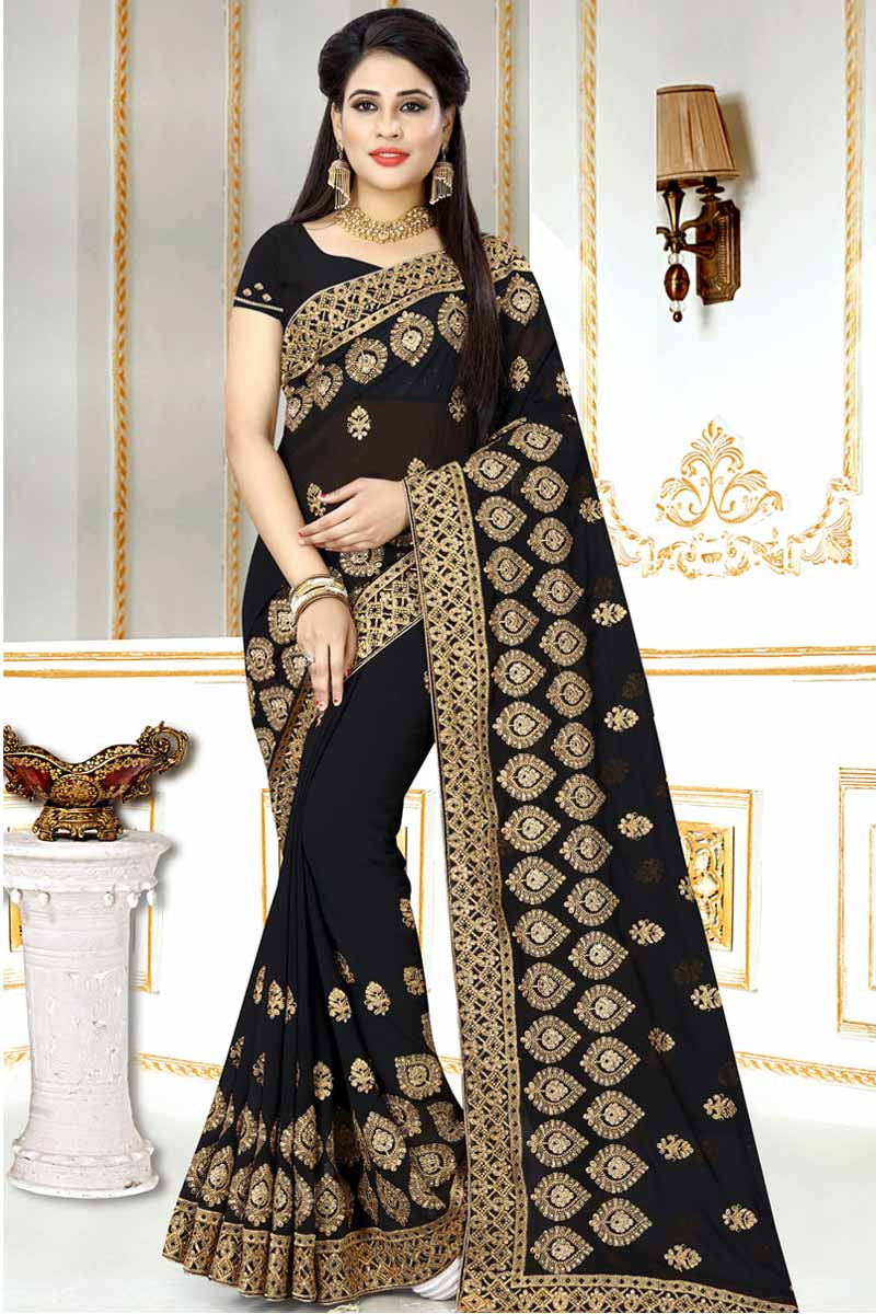 Buy Black Saree With Heavy Work Borders From Khushkar