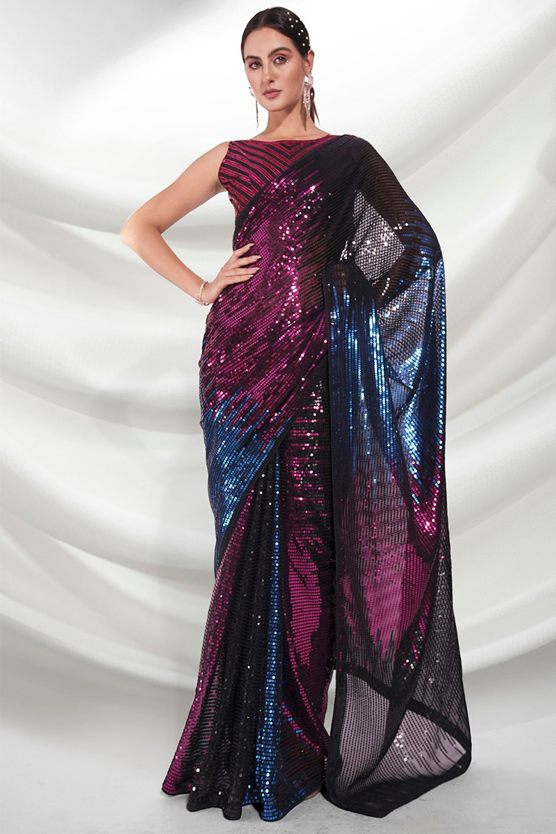 Black Georgette Sequins Embroidered Fancy Saree