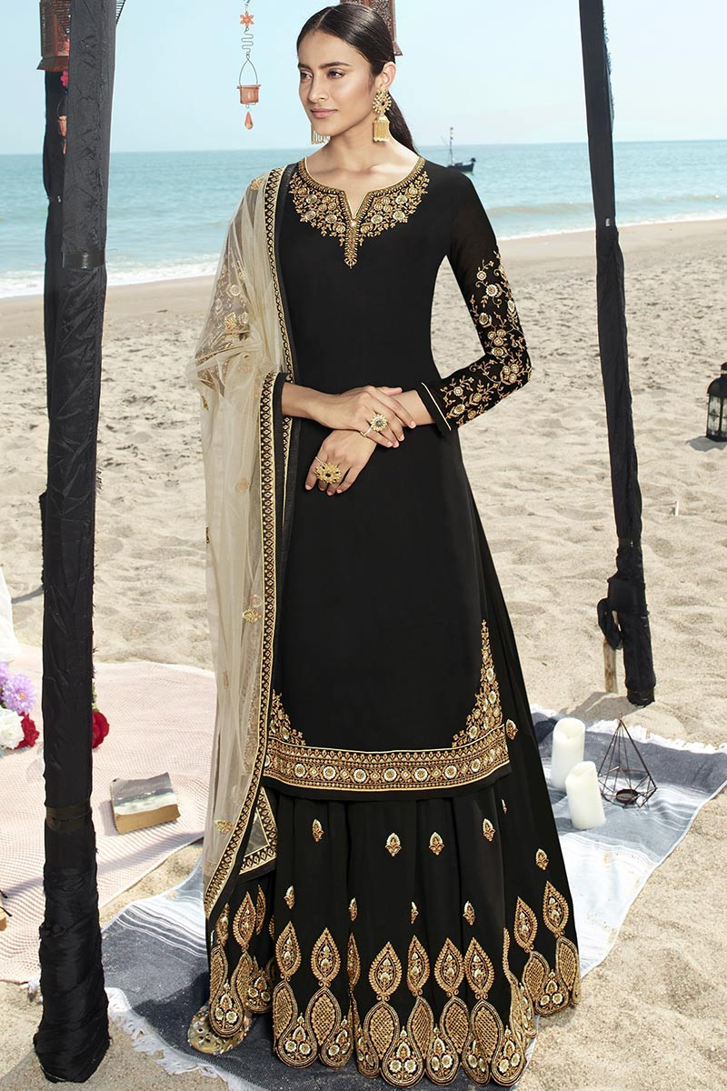 Black Colour AASHIRWAD KASHISH Fancy Festive Heavy Georgette Sharara Suit  Collection 9220 - The Ethnic World