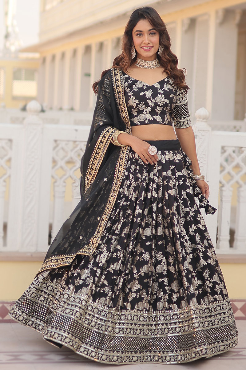 Black Silk Zari Weaved Flared Style Lehenga