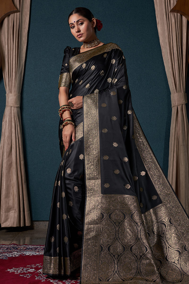Black Handloom Weaved Zari Banarasi Silk Saree For Sangeet 