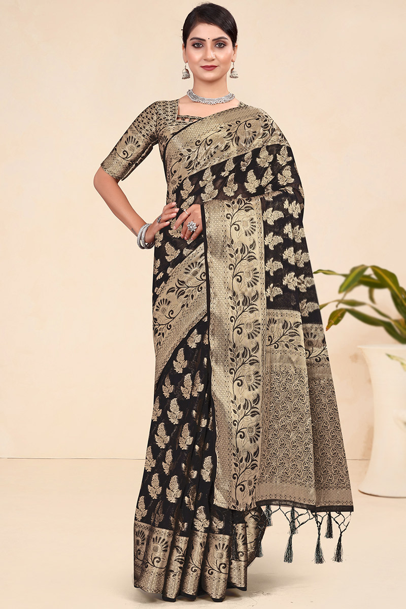 Black Handloom Weaved Zari Broad Border Viscose Saree 