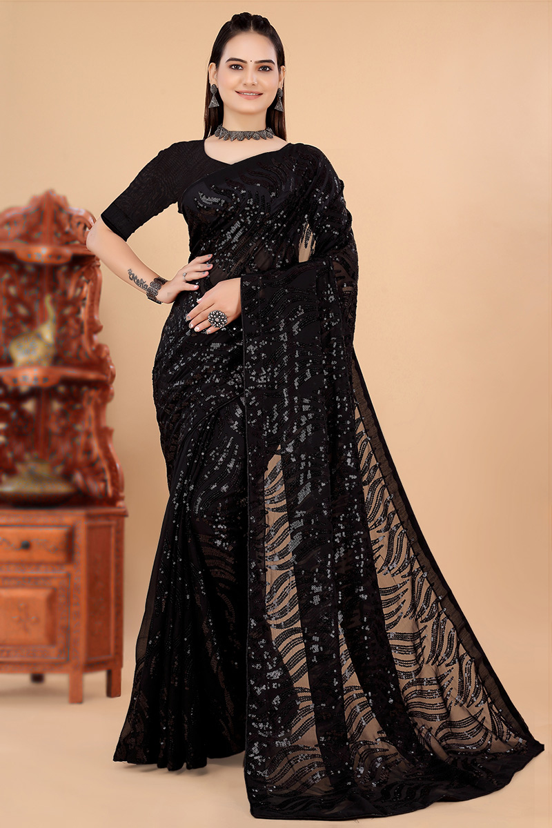 Black Heavy Work Sequins Embroidered Saree in Georgette 