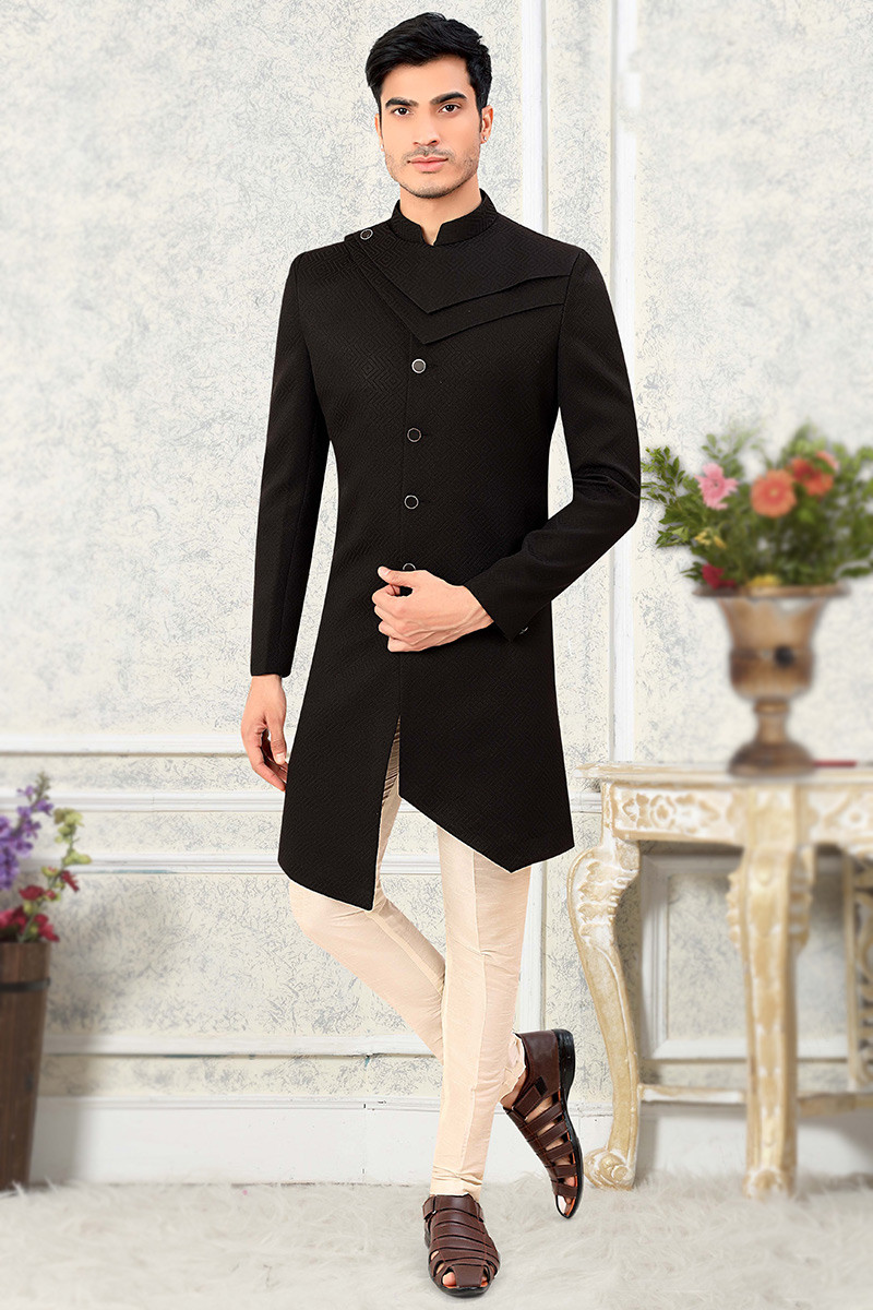 Classic Navy Blue Indo Western Shervani in Imported Jacquard Brocade With  Aligadhi Pant