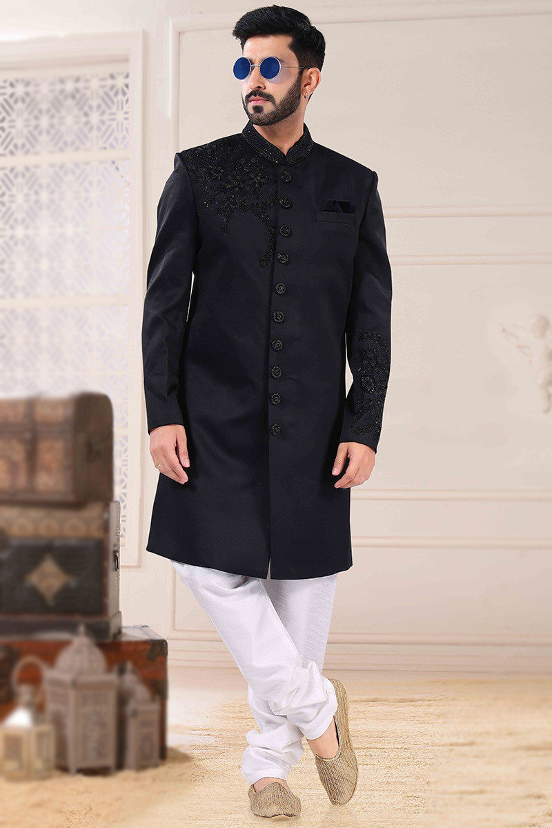 Jacquard Black Men Sherwani MSTV01998