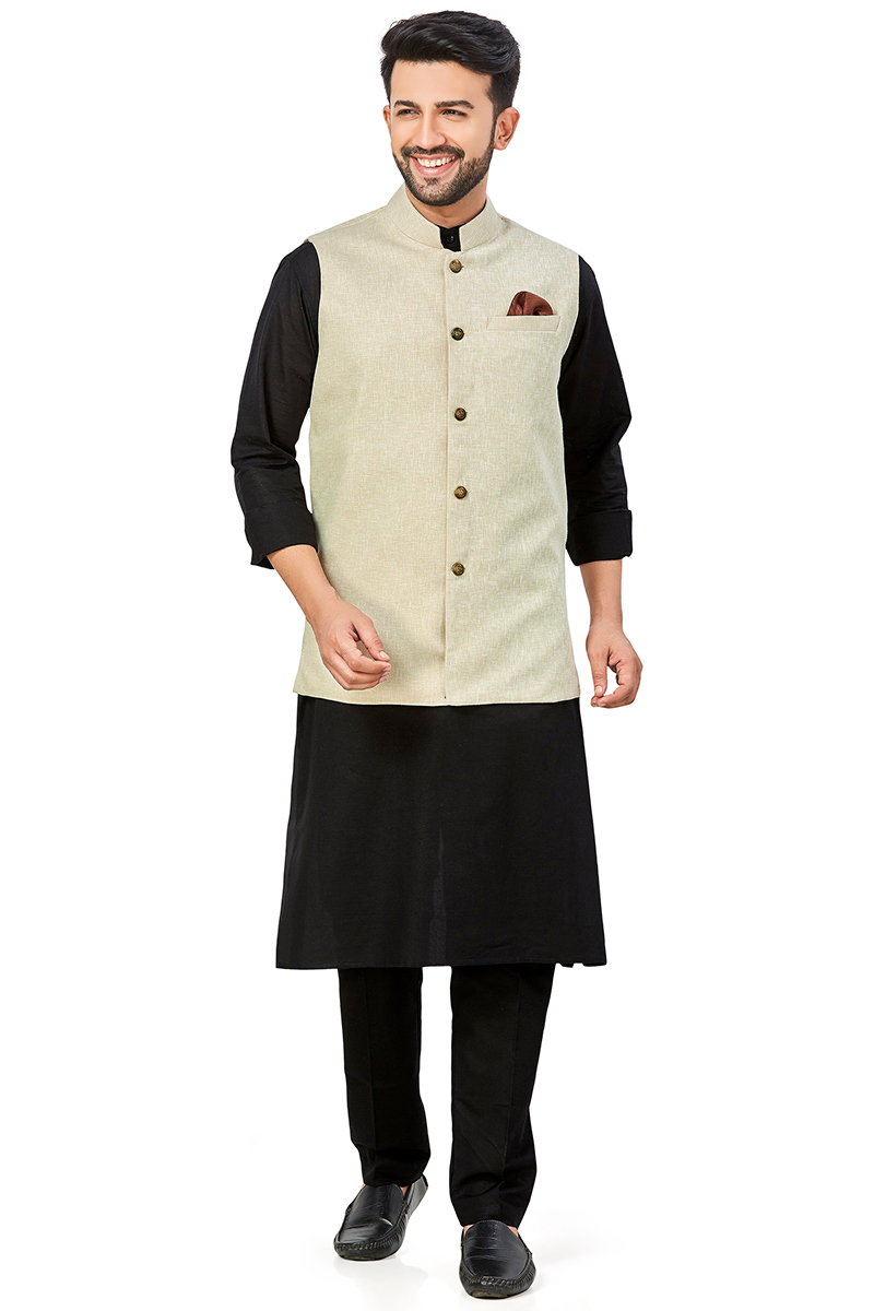 Black Linen Plain Men Kurta Pajama