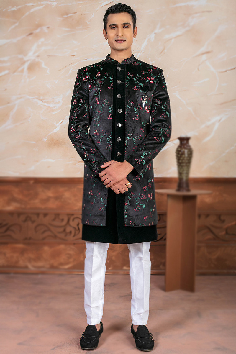 Black Men Jacket Style Velvet Embroidered Men s Sherwani For Sangeet MSTV03824