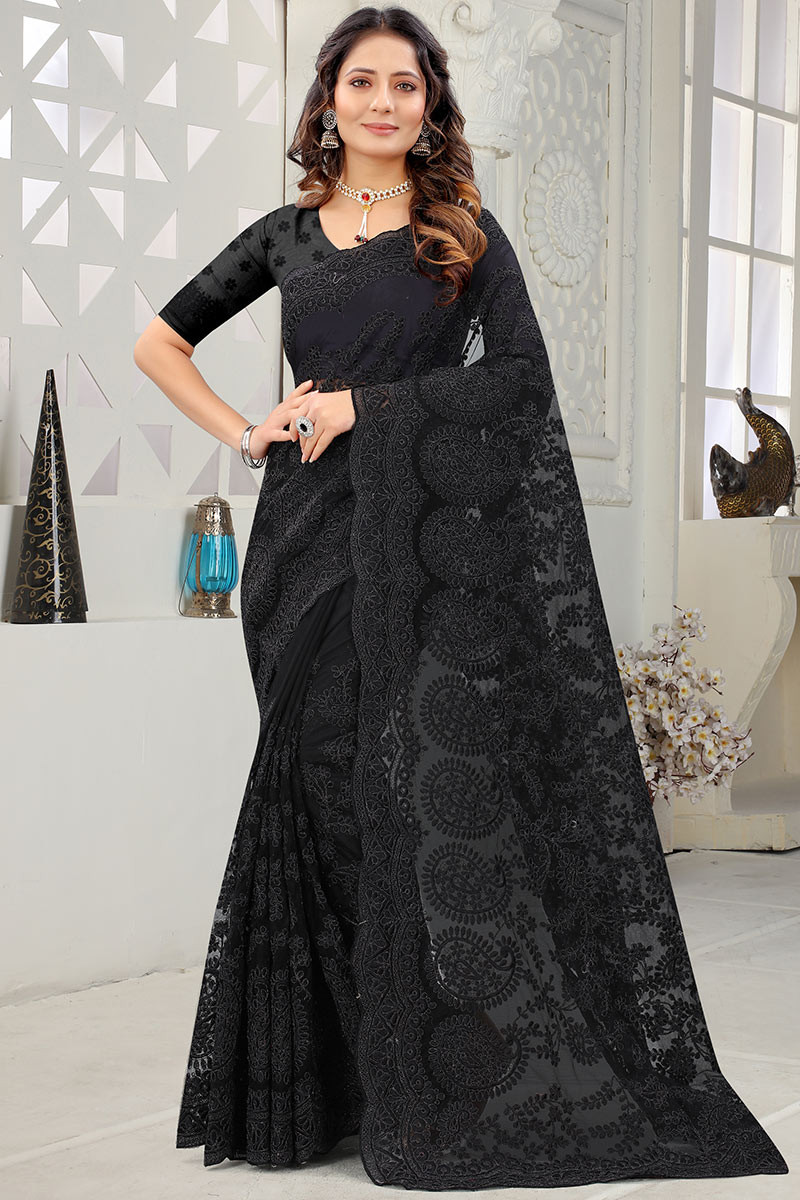 Wedding Dress Black Net Embroidered Indian Saree