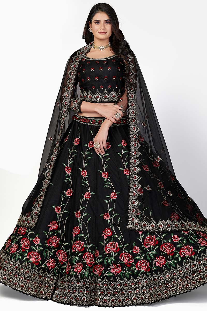 Black Net Embroidered Party Wear Lehenga