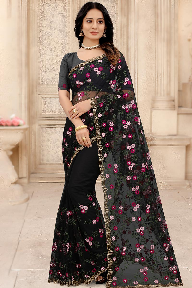 Black Net Embroidered Saree