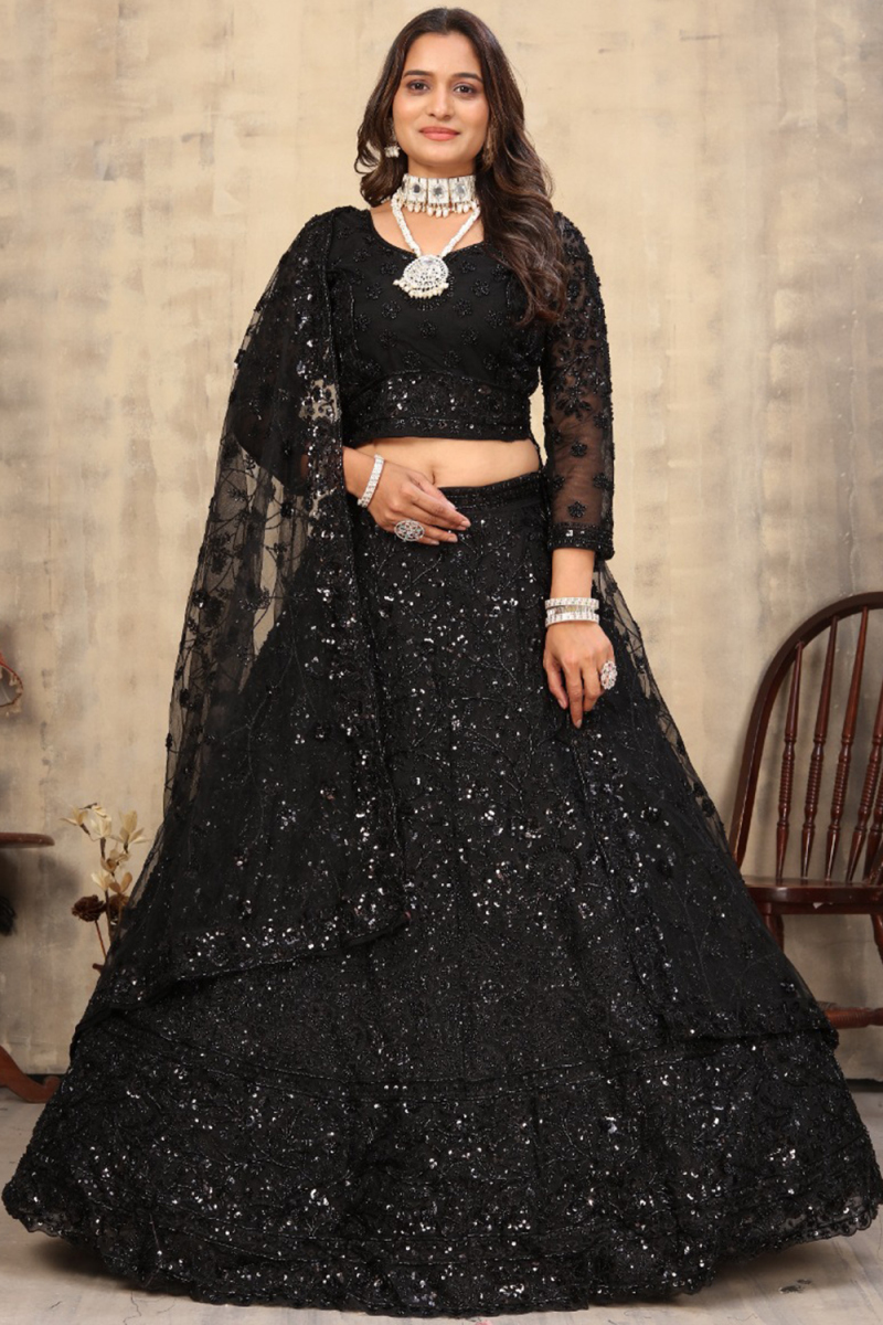 Black Net Lehenga With Sequins Work For Weddings