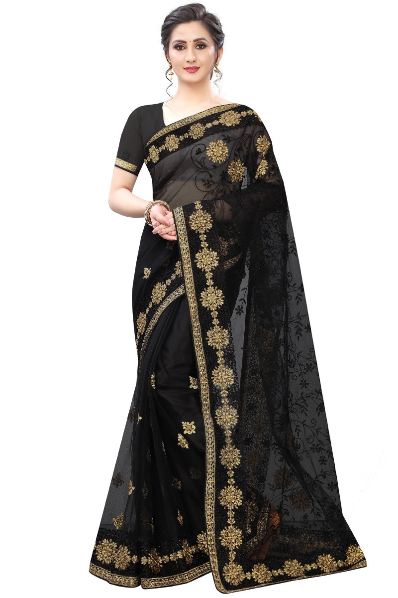 Buy Black Net Party Wear Saree With Net Blouse Online - SARV07198