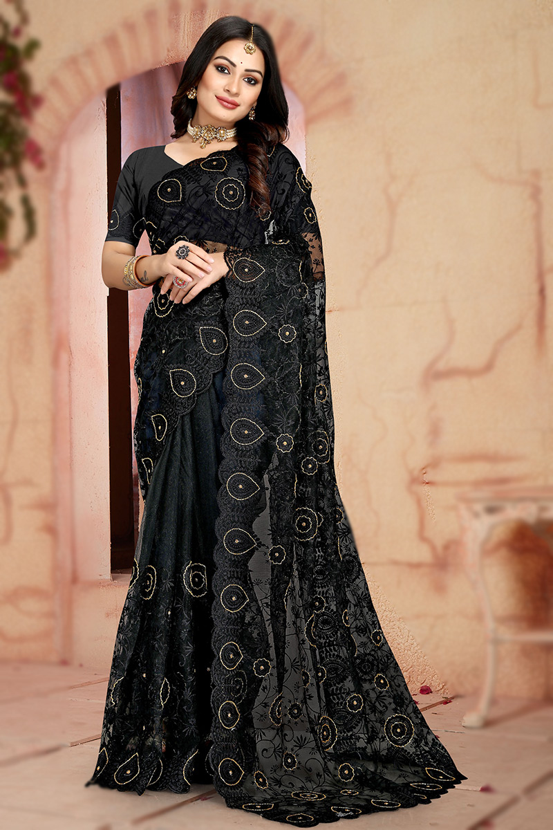 Black Net Resham Thread Embroidered Saree