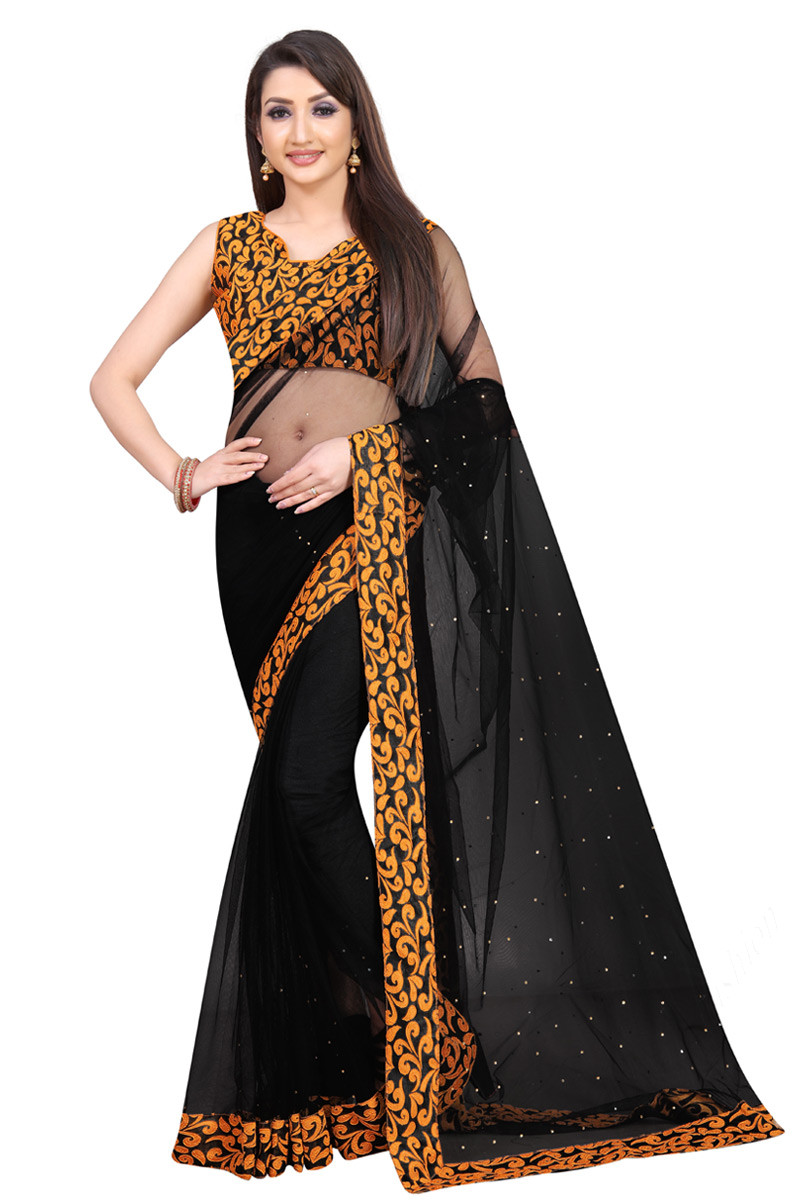 Black net saree with golden border deals