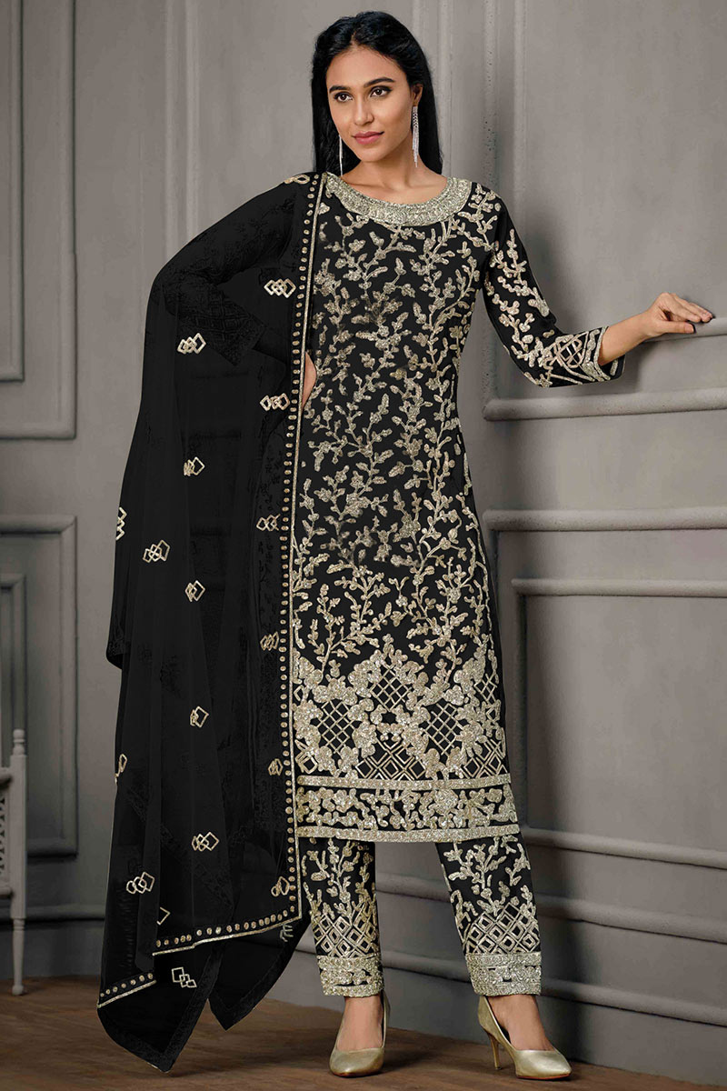 Black Net Straight Cut Sequins Embroidered Trouser Suit