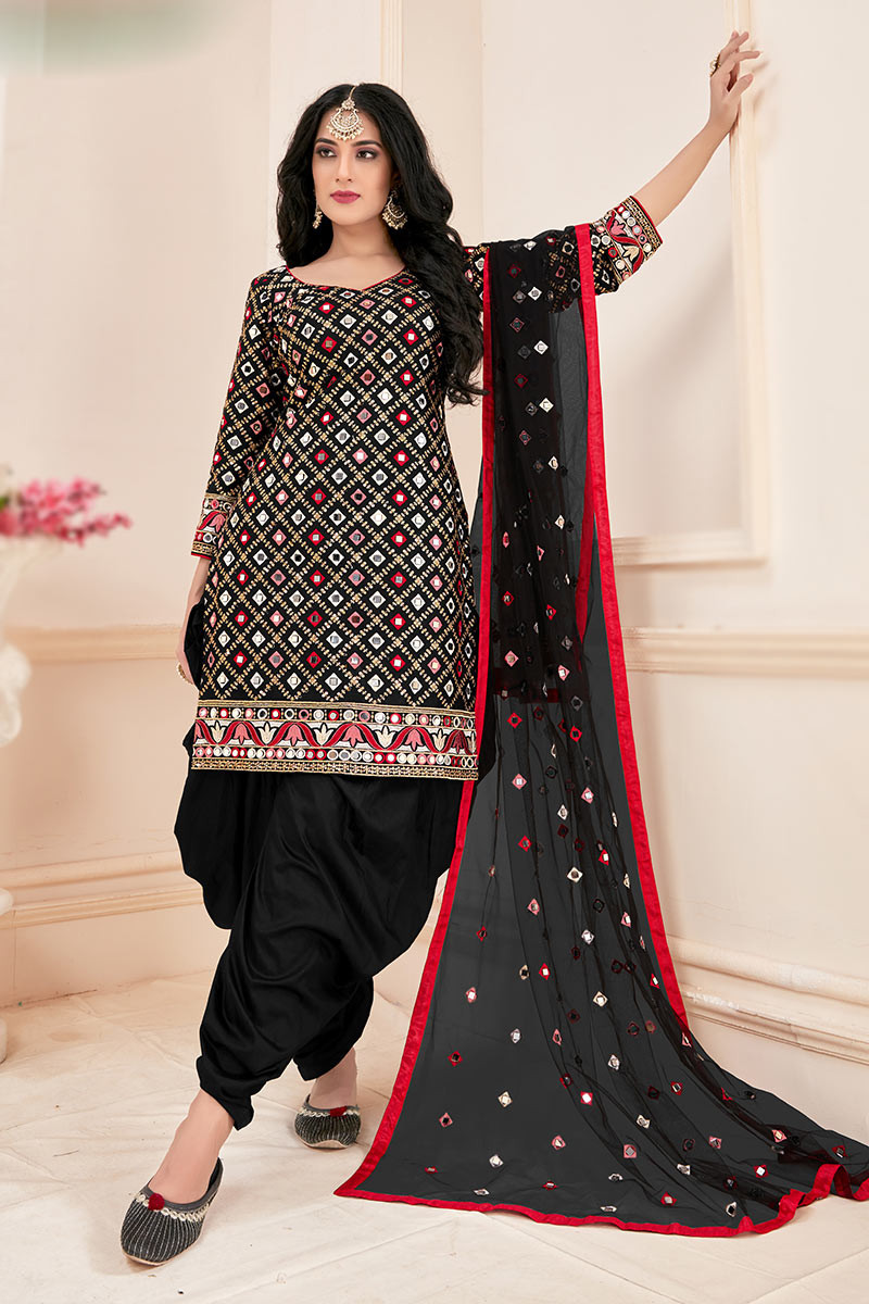 Red Floral Embroidered Art Silk Semi Stitched Patiala Suit