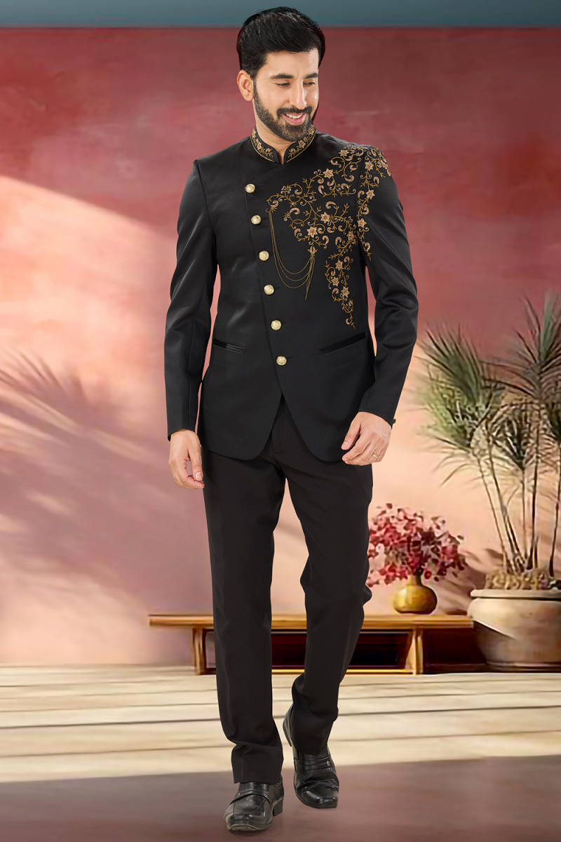 Black Polyester Sherwani with Stone Embroidery