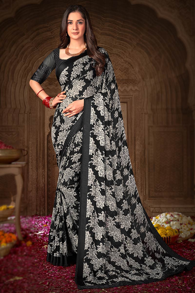 Wear Saree Embellished Work & Mirror Lace Border Georgette Saree With  Blouse Piece. Meesho Best Price..(