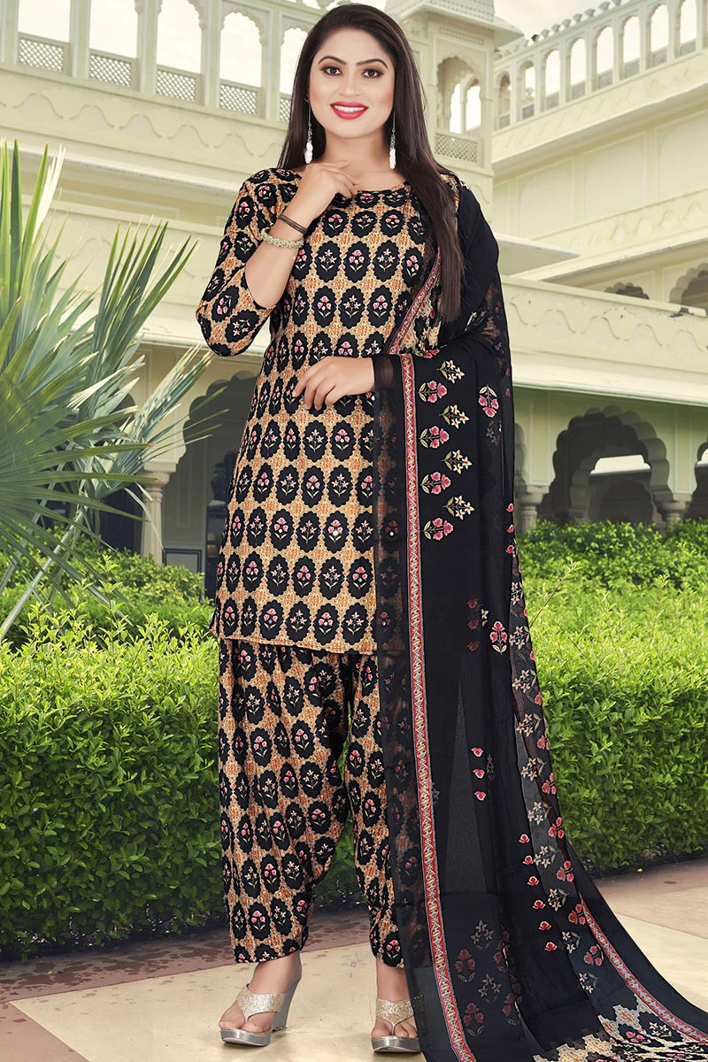 Buy Cream and Green Print Work Trendy Patiala Salwar Suit Online