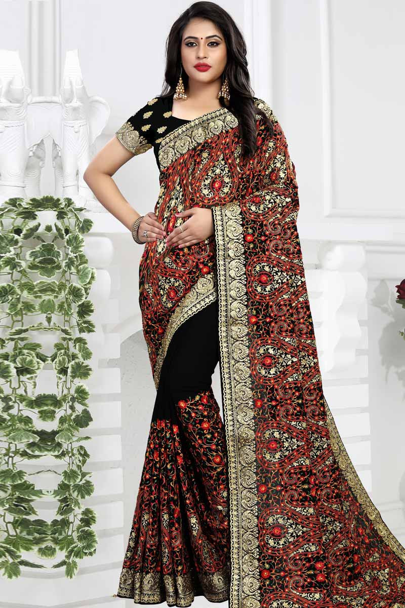 Buy Saree Women's Red , Black | Georgette | Floral Print Bollywood New  Designer Collection Latest Fashion For party Wear in below Offer Price at  Amazon.in