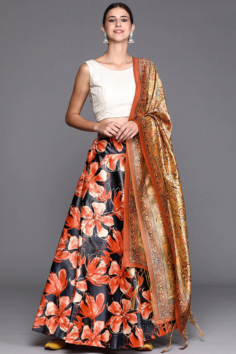 Black Satin Silk Printed A-Line Style Lehenga 