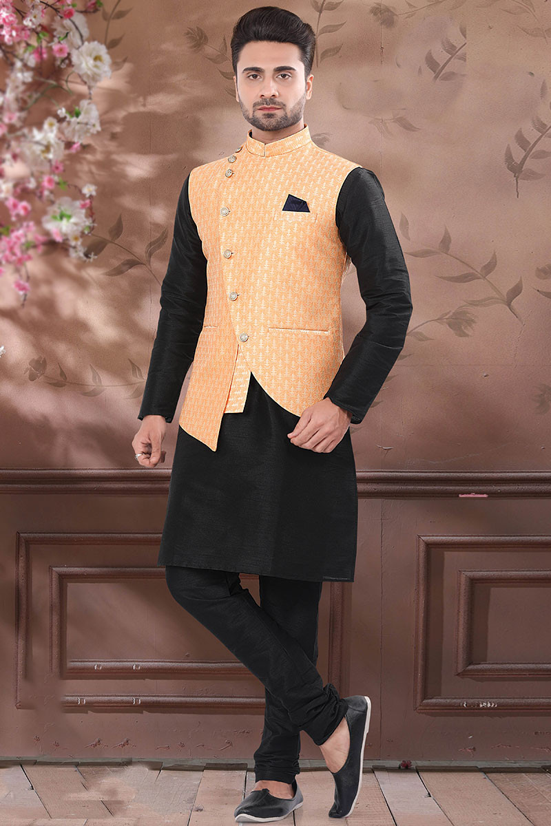 Black Silk Churidar Men Kurta Churidar With Woven Jacket
