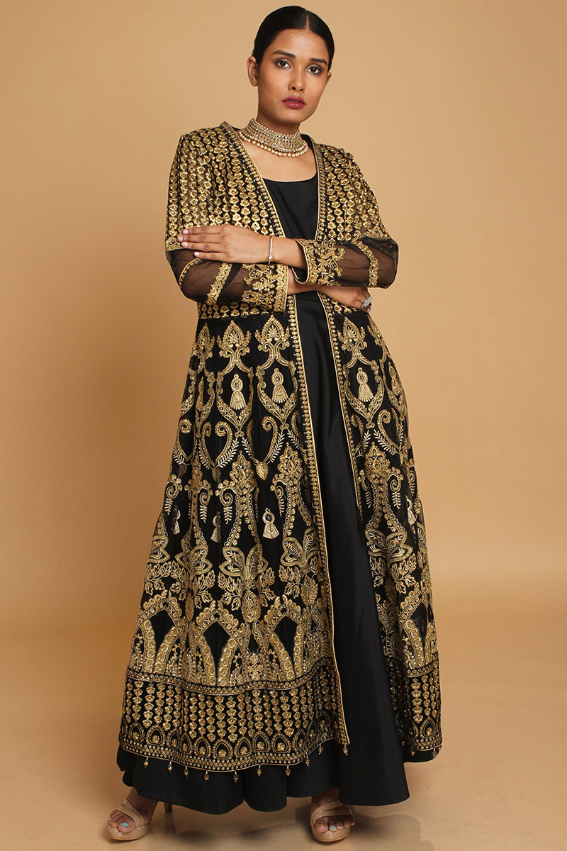 Black Silk Embroidered Jacket Style Anarkali Suit