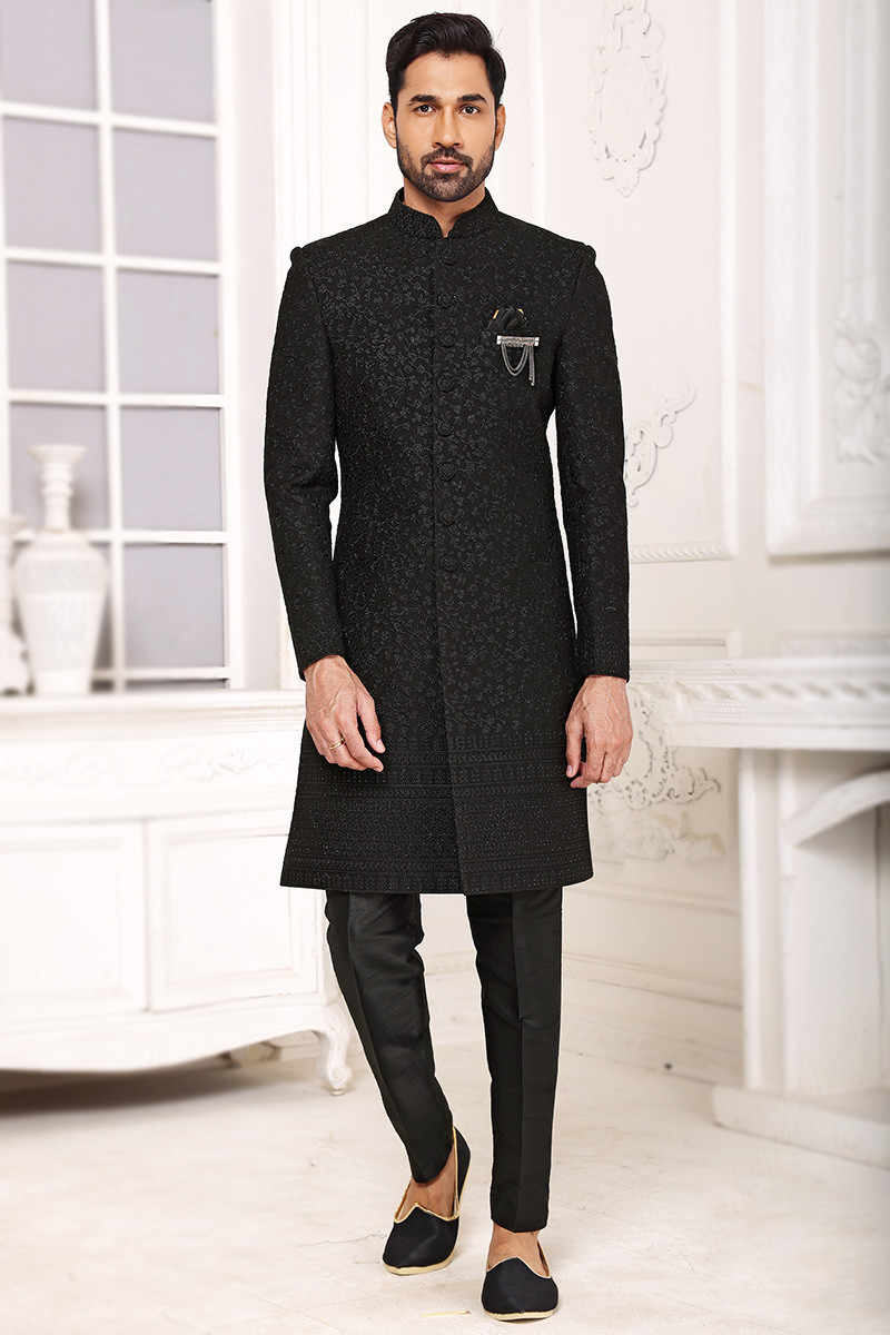 Party Wear Black Men's Sherwani, Plus Size Groom Suit, Indian