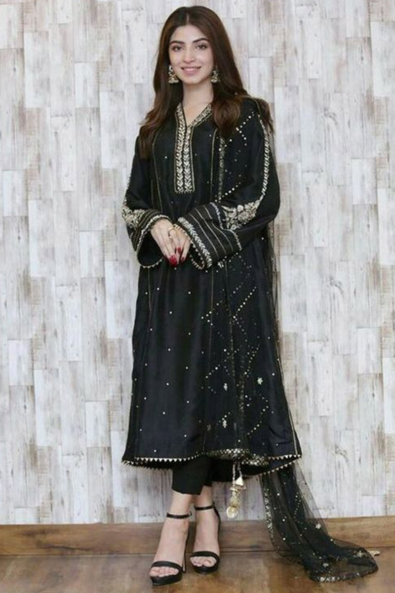 Patterned Anarkali Suit in Black Embroidered Fabric LSTV114413