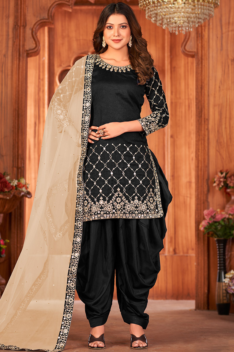 Buy Black Salwar Suit Punjabi Patiala Shalwar Silk Suit Golden Net Dupatta  Custom Stitched Dress for Girls Women Dress Online in India - Etsy