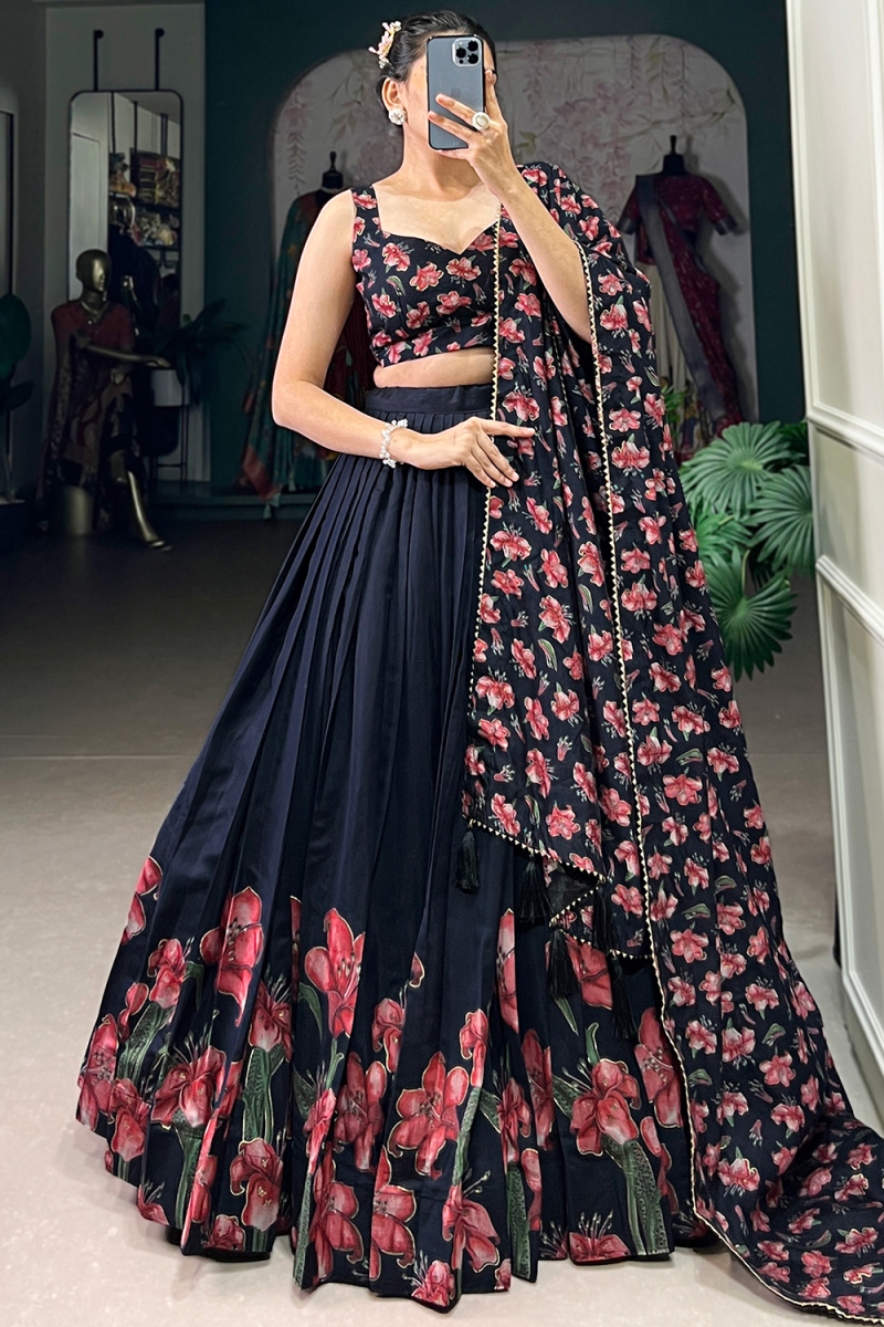 Black Silk Foil Print A Line Lehenga 