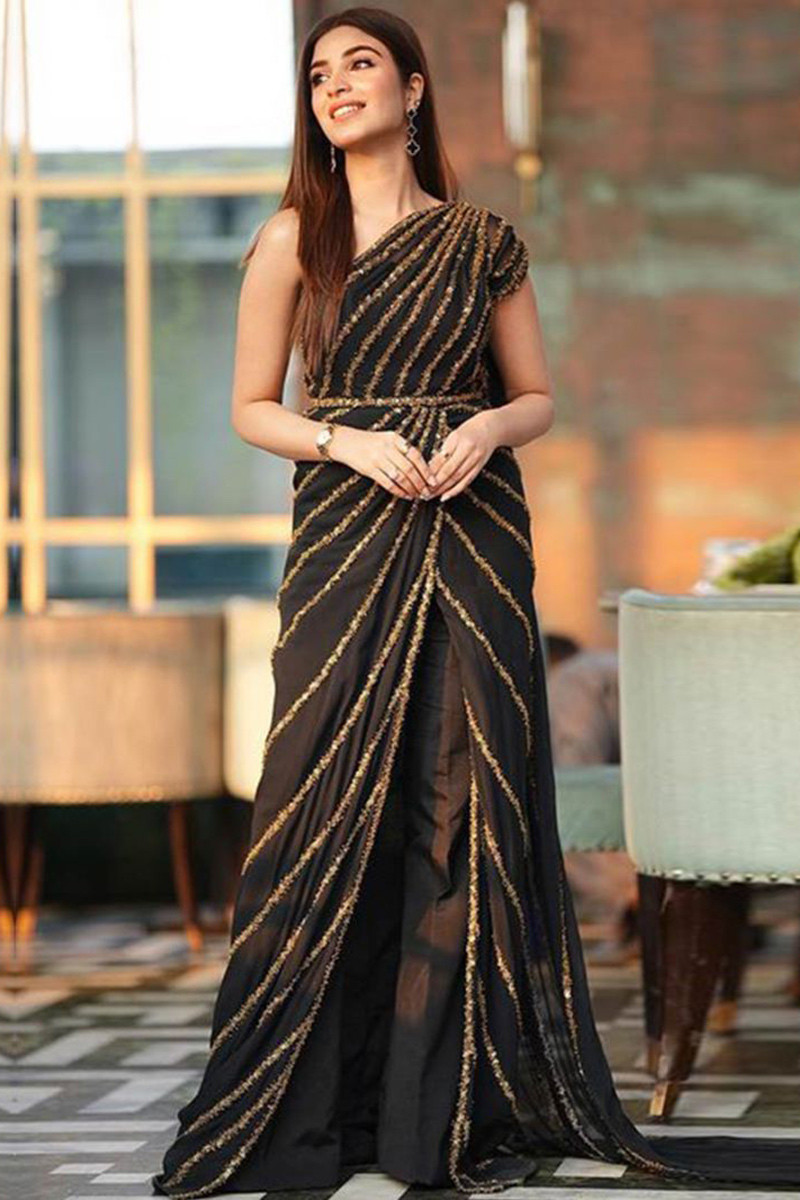 black silk georgette embroidered pant style saree sarv145389 1