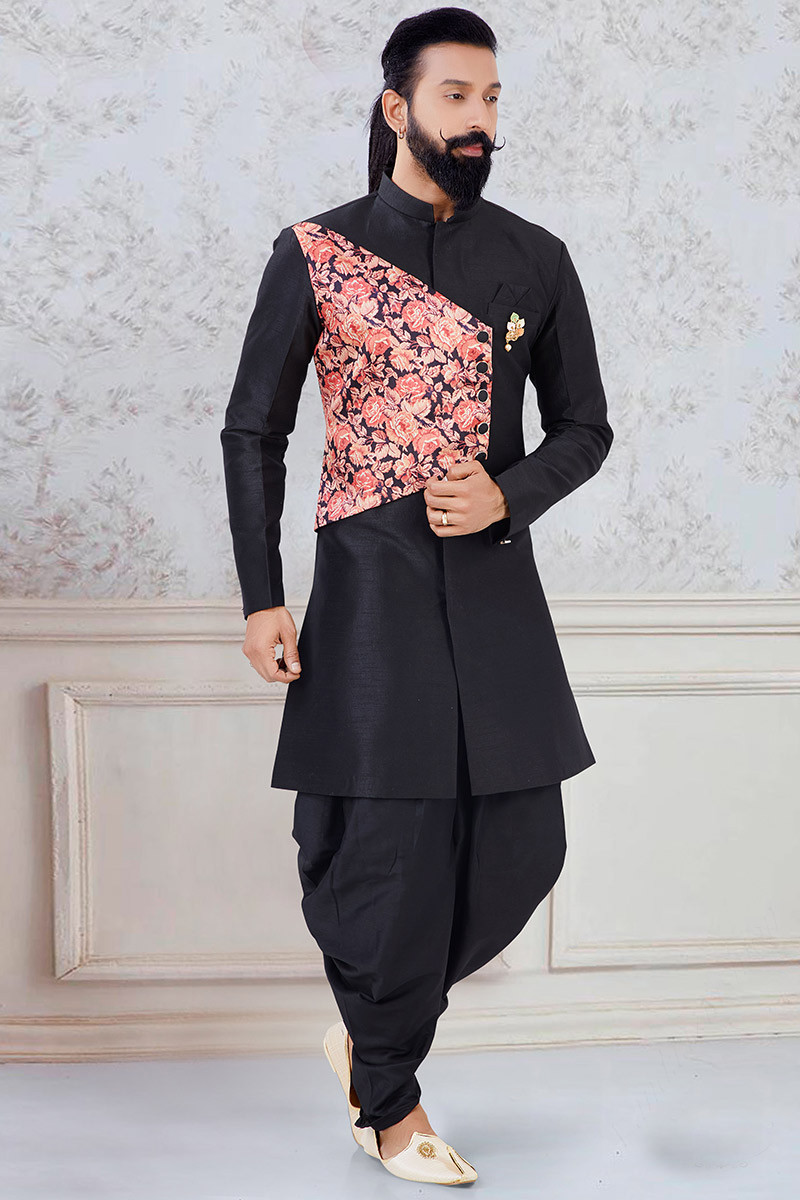 Black Silk Indo Western Men Sherwani