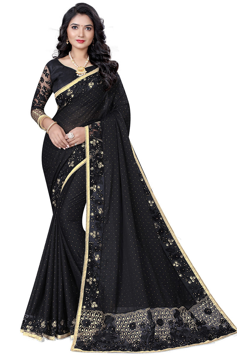 Black Georgette Sequins Partywear Saree | Koselly