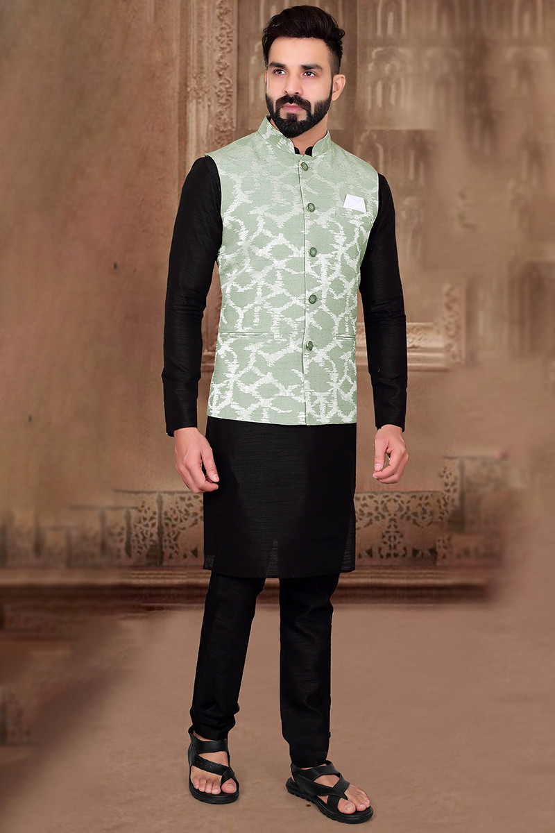 Buy Silk Black Men s Kurta Pajama With Nehru Jacket MKPA03492