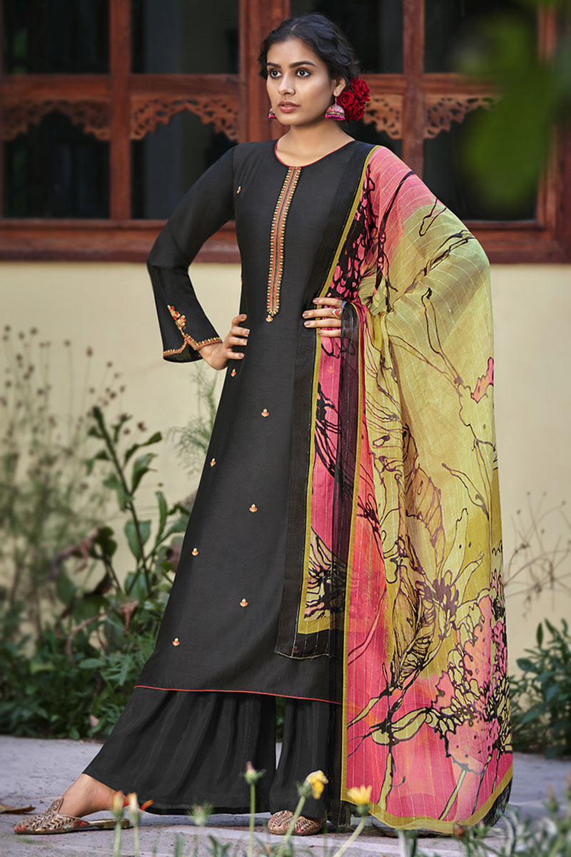 Black Silk Resham Embroidered Palazzo Suit
