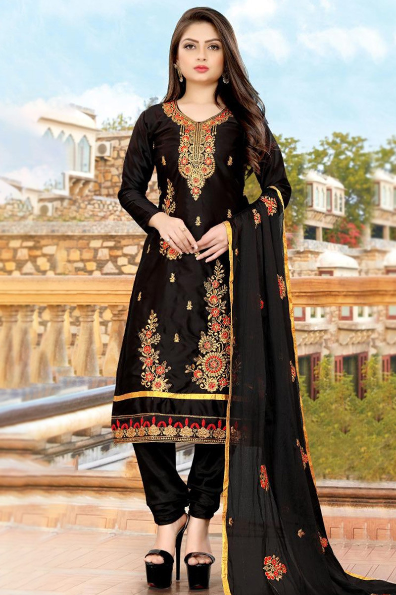 Black and Grey color Satin Silk fabric Jodhpuri Suit : 1804410