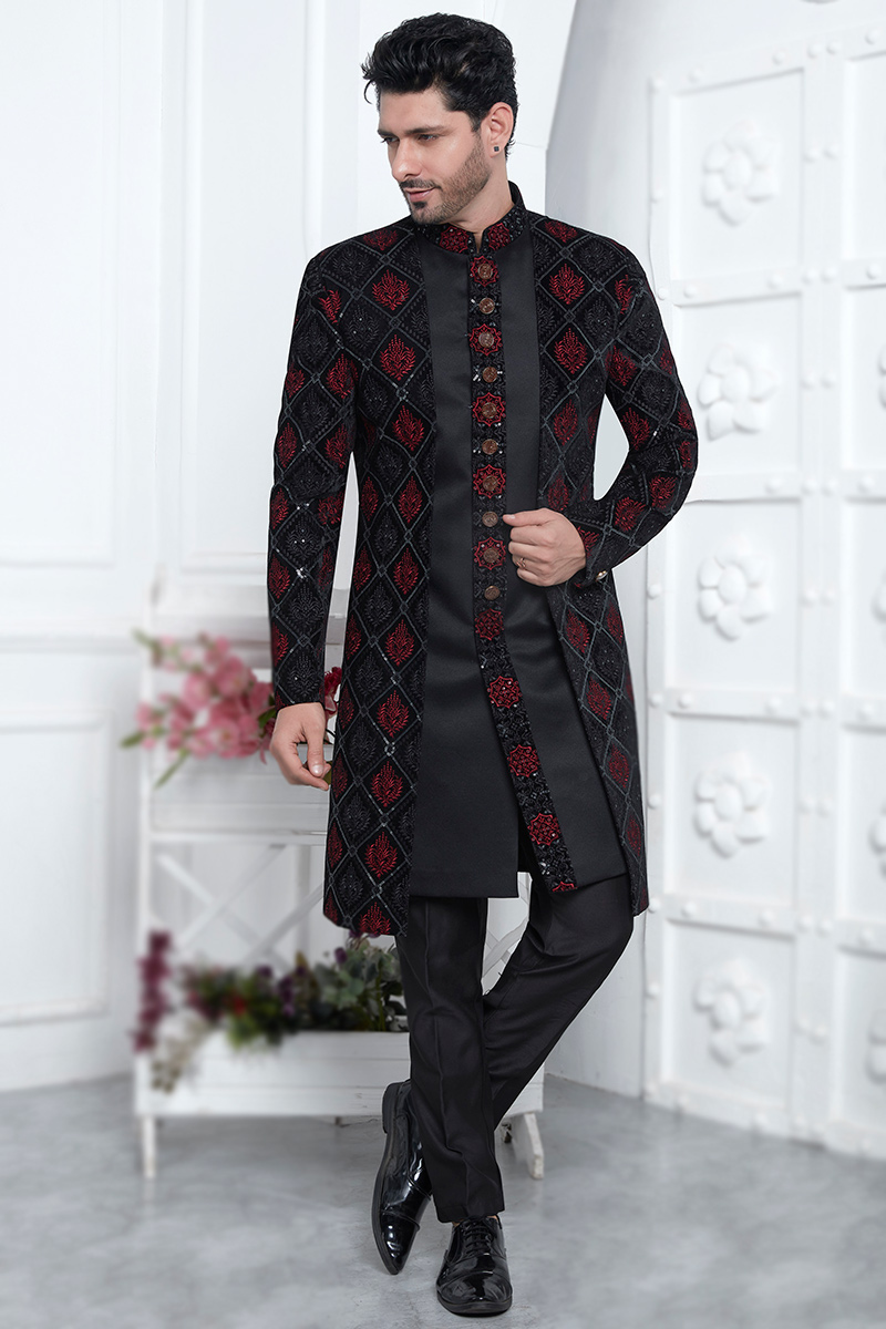 Black Silk Sequins Embroidered Jacket Style Men's Sherwani