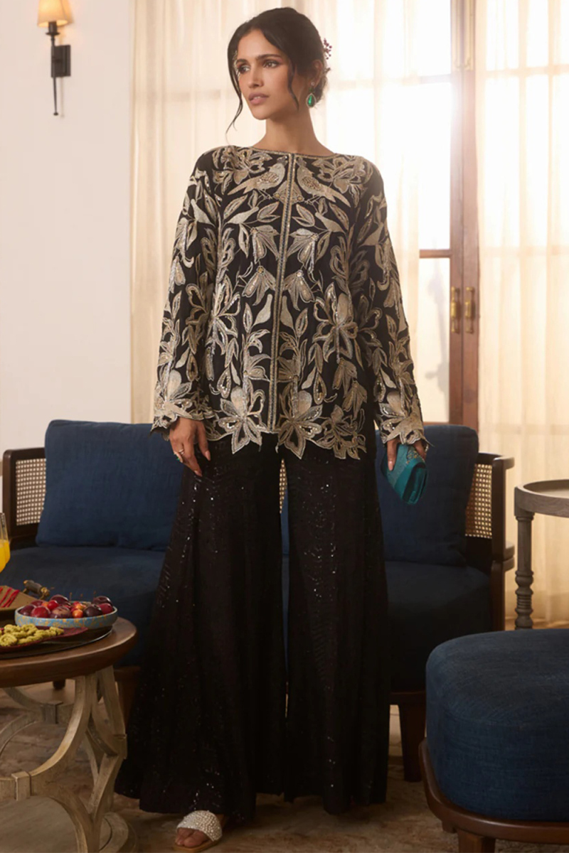 Black Silk Trouser Suit with Zari Work for Wedding & Party