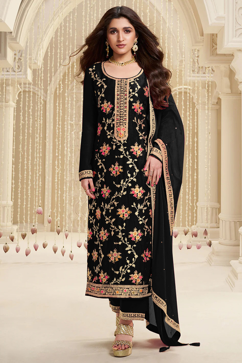 Black Silk Weaved Straight Cut Trouser Suit