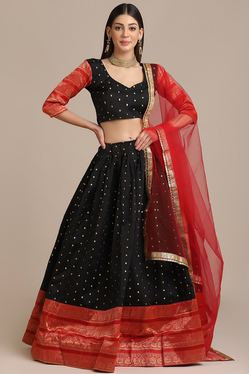 Weaved Thread Work Black Lehenga in Silk for Party 