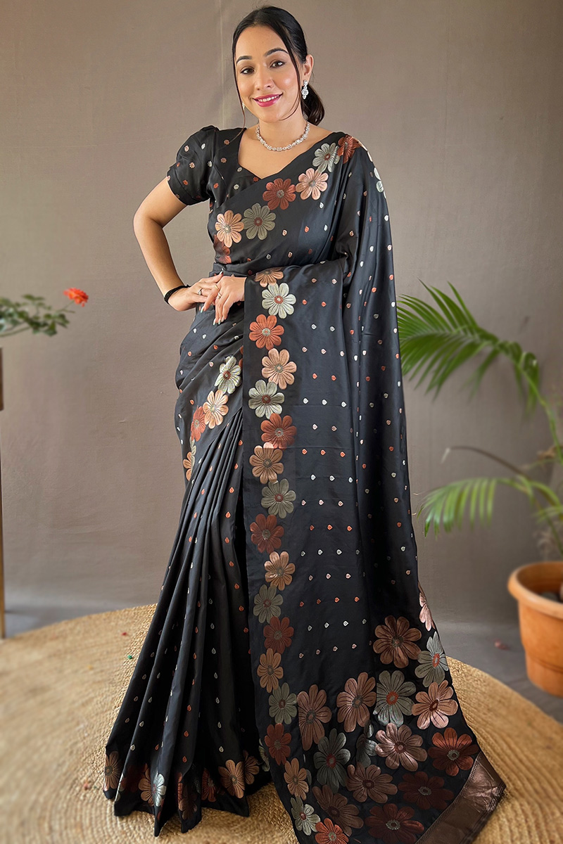 Black Silk Woven Zari Saree For Sangeet