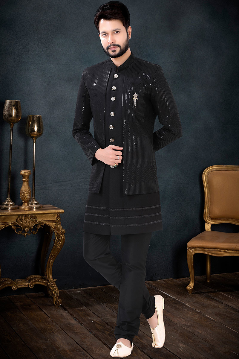 Black Terry Rayon Churidar Men Sherwani