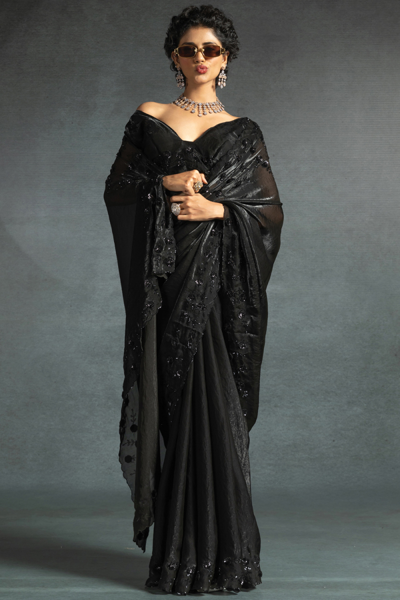 Black Tissue Silk Saree With Sequins Work For Diwali Party
